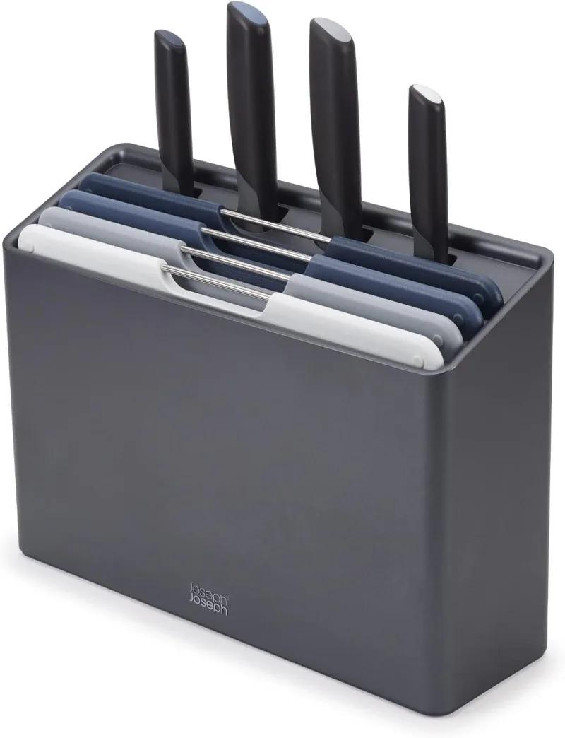Joseph Joseph ▫️ Folio Plus, Conjunto de 8 peças, 4 facas e tábuas de cortar com estojo, Azul/Grafite