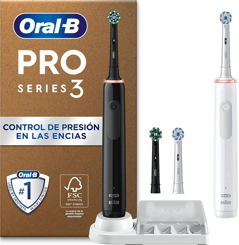 Oral-B ▫️ Pro 3 Pack de 2 escovas de dentes eléctricas com cabo recarregável e 4 cabeças de escova de substituição, 3 modos de escovagem com modo sensível, temporizador, concebidas pela Braun, preto e branco
