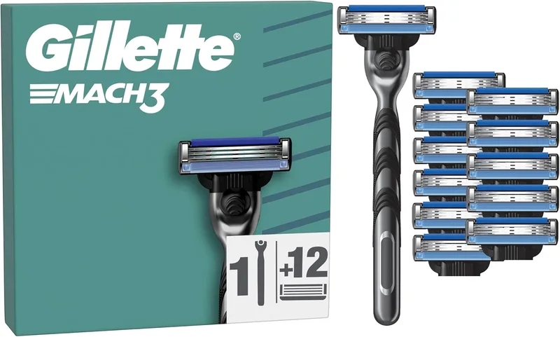 Gillette ▫️ Mach3 Base Barbear para homem com recargas, 1 cabo, 12 lâminas de substituição com 3 lâminas e tira de gel lubrificante para um barbear suave