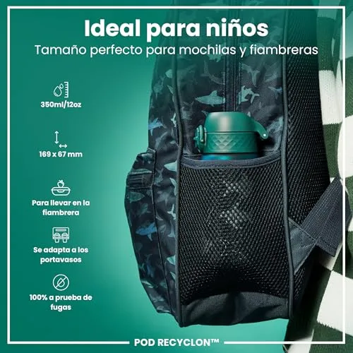 ion8 ▫️ Garrafa de Água para Crianças, 350 ml, à prova de fugas, fácil de abrir, fecho de segurança, lavável na máquina de lavar louça, sem BPA, alça de transporte, fácil de limpar, neutra em carbono, Tubarão 2