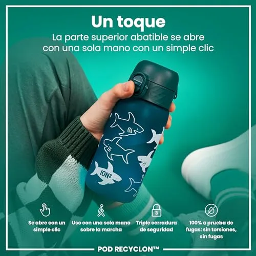 ion8 ▫️ Garrafa de Água para Crianças, 350 ml, à prova de fugas, fácil de abrir, fecho de segurança, lavável na máquina de lavar louça, sem BPA, alça de transporte, fácil de limpar, neutra em carbono, Tubarão 3