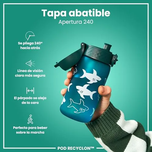 ion8 ▫️ Garrafa de Água para Crianças, 350 ml, à prova de fugas, fácil de abrir, fecho de segurança, lavável na máquina de lavar louça, sem BPA, alça de transporte, fácil de limpar, neutra em carbono, Tubarão 4