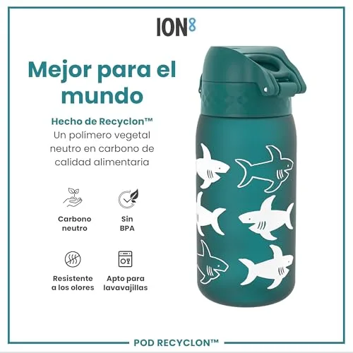 ion8 ▫️ Garrafa de Água para Crianças, 350 ml, à prova de fugas, fácil de abrir, fecho de segurança, lavável na máquina de lavar louça, sem BPA, alça de transporte, fácil de limpar, neutra em carbono, Tubarão 5