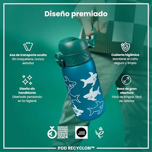 ion8 ▫️ Garrafa de Água para Crianças, 350 ml, à prova de fugas, fácil de abrir, fecho de segurança, lavável na máquina de lavar louça, sem BPA, alça de transporte, fácil de limpar, neutra em carbono, Tubarão 6