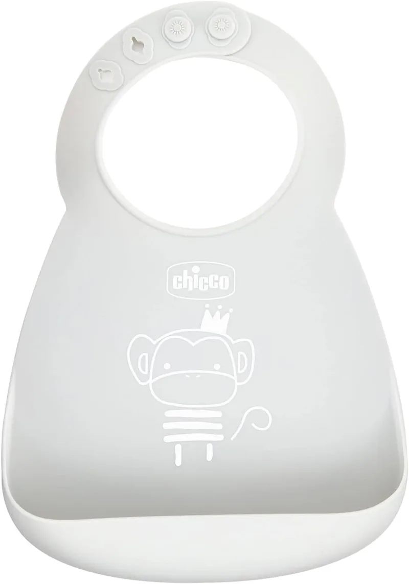 Chicco ▫️ Easy Roll Bib, babete de silicone com bolso e gola ajustável, macio, prático, impermeável, fácil de limpar e lavável à máquina, para bebés com mais de 6 meses, cinzento