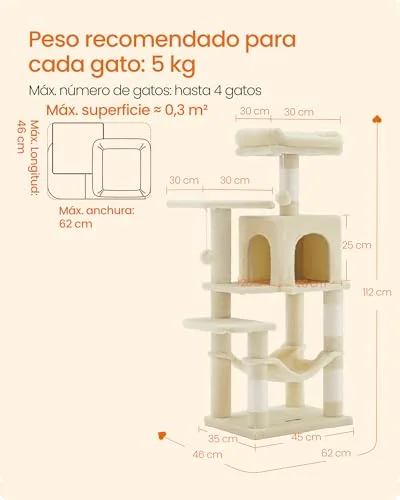 Feandrea ▫️ Árvore para Gatos, Multinível, Altura 112 cm, Bege Areia 6