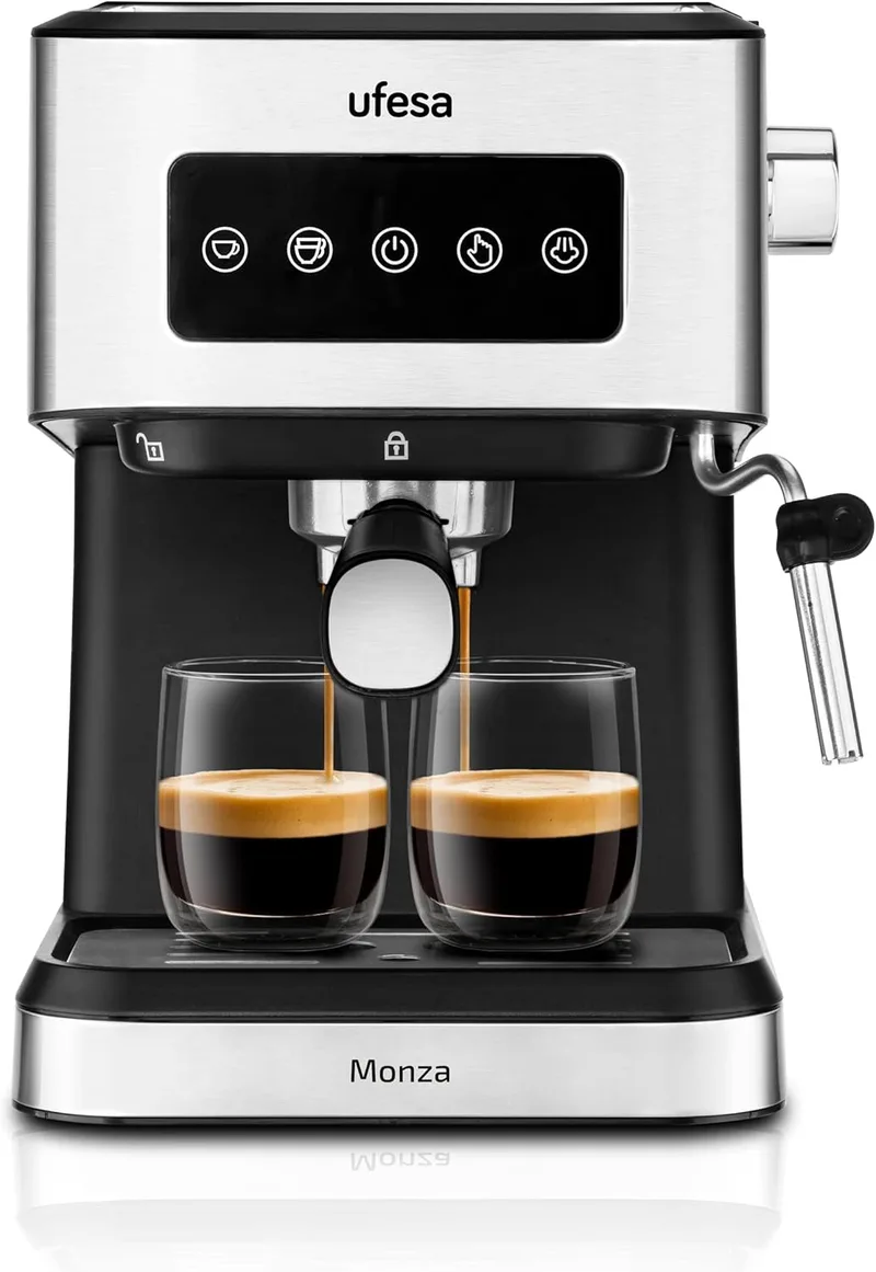 Ufesa ▫️ Cafeteira Expresso e Cappuccino Monza 20 Barras, Painel Digital Táctil, Vaporizador Orientável, Café Moído ou ESE em Dose Única, Função Aquecedor de Chávenas, 1050W, Reservatório de 1,5L