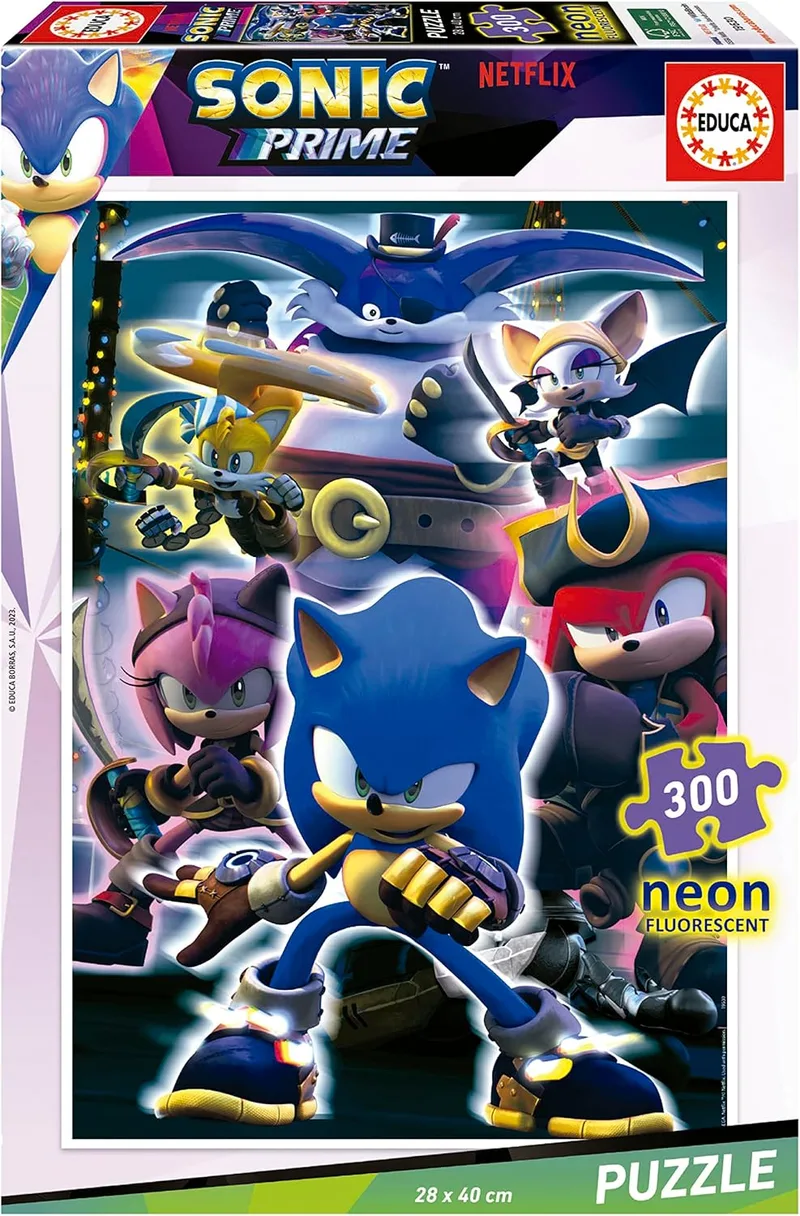 Educa ▫️ Puzzle infantil que brilha no escuro com 300 peças : Sonic Prime Neon : Dimensões aproximadas da montagem: 40 x 28 cm. Composto por peças grandes. Recomendado para crianças com mais de 6 anos (19630)