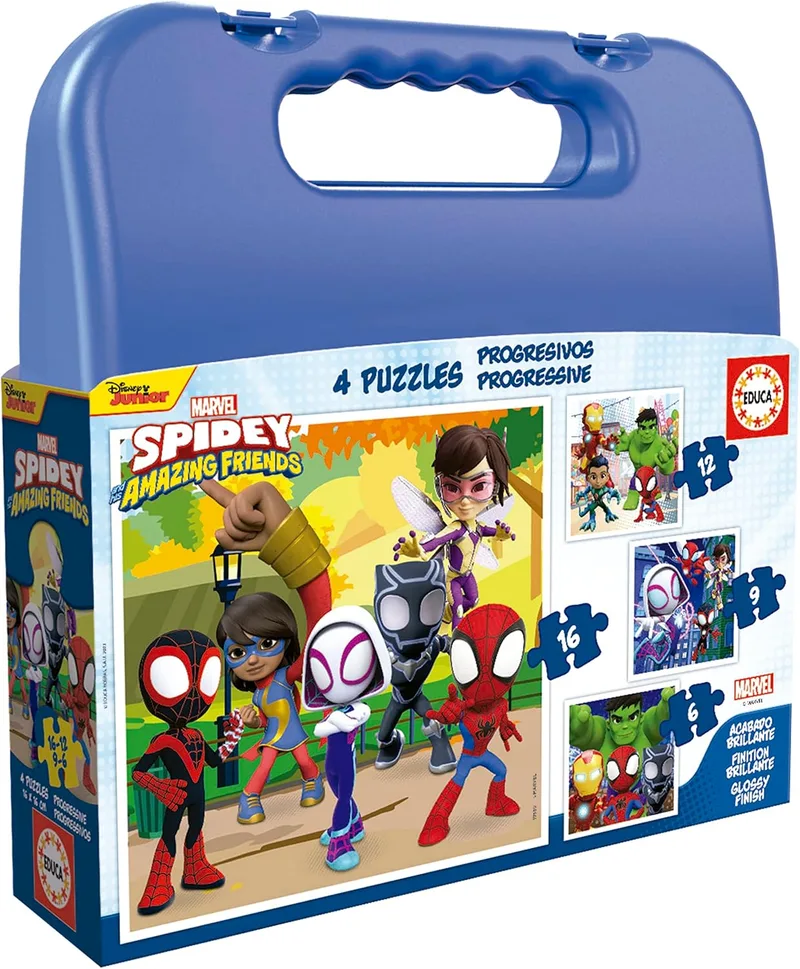 Educa ▫️ Mala Spidey | Conjunto de 4 puzzles infantis progressivos de 6 a 16 peças | Com peças grandes, a partir dos 3 anos (19580)