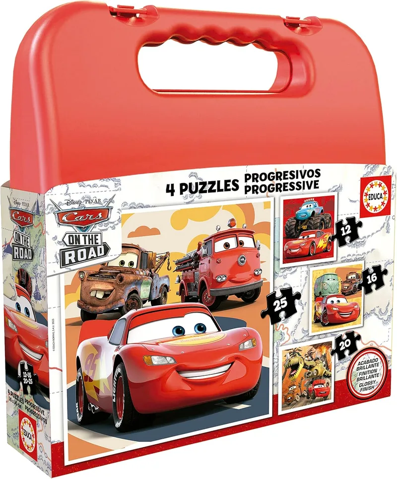 Educa ▫️ Suitcase Cars : Conjunto de 4 puzzles progressivos para crianças de 12 a 25 peças. Tamanho aproximado da montagem: 16 x 16 cm. Composto por peças grandes e com acabamento perfeito. +3 anos (19677)