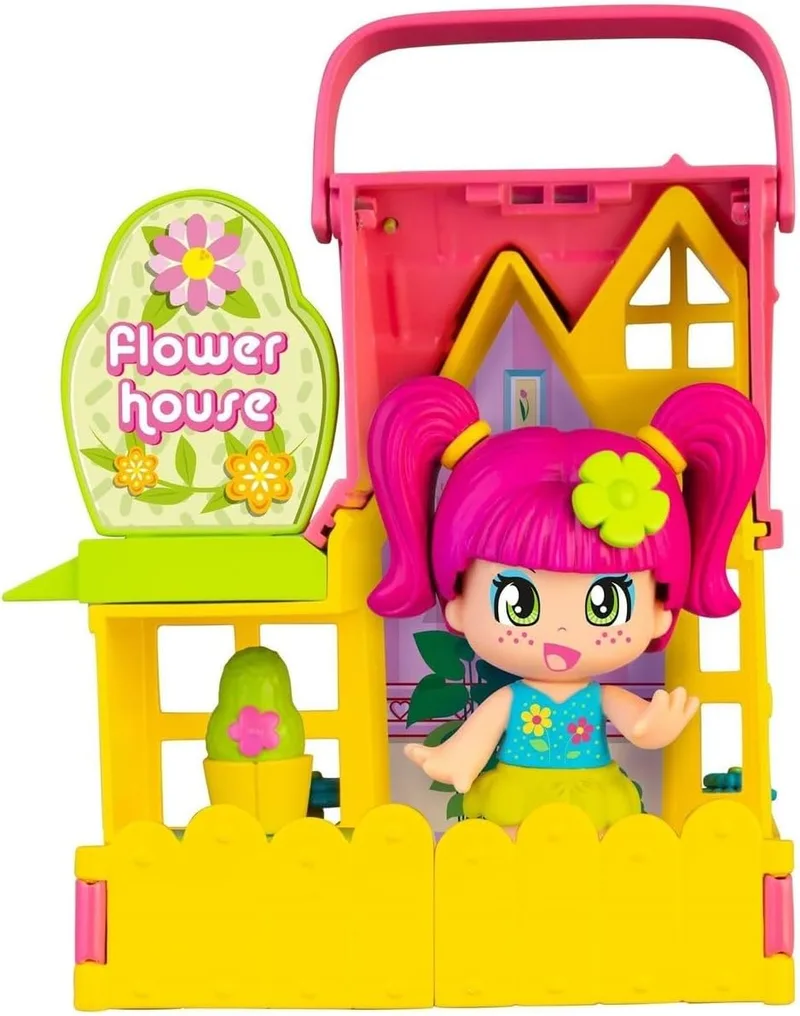 Pinypon ▫️ Flower House, casa de brincar dobrável, amarela e cor-de-rosa, com acessórios, decorações para brincar e uma mini boneca, para meninos e meninas a partir dos 4 anos, Famosa (PNY26100)