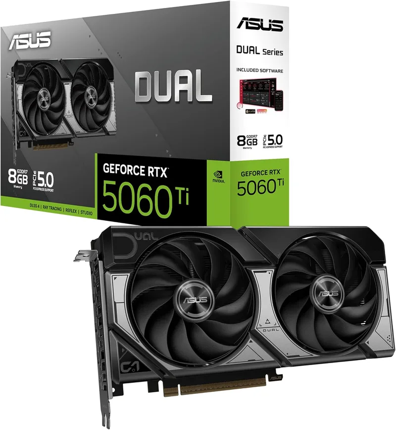 ASUS ▫️ Dual GeForce RTX 5060 Ti 8 GB GDDR7 (PCIe 5.0, 8 GB GDDR7, DLSS 4, HDMI 2.1b, DisplayPort 2.1b, design de 2,5 ranhuras, design de ventoinha Axial-Tech, tecnologia 0dB)