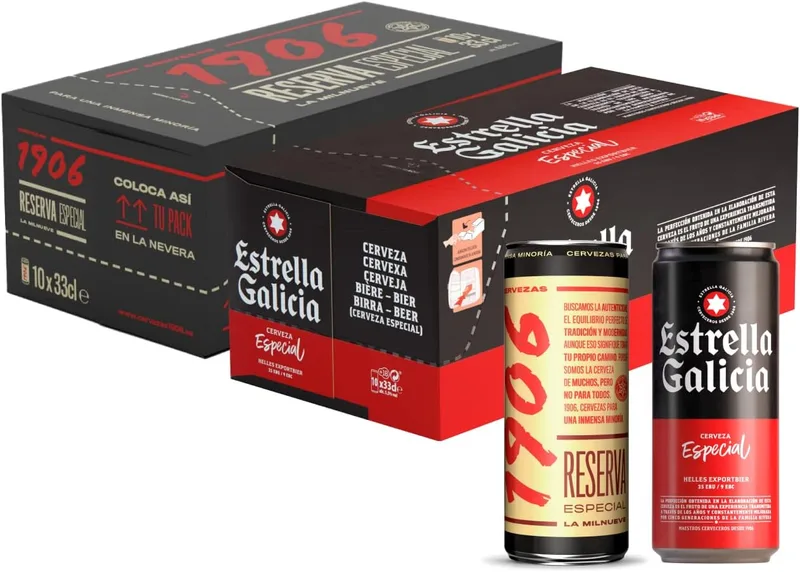 Estrella Galicia ▫️ Especial e 1906 Reserva Especial - Pacote combinado de cerveja Especial, com 10 latas de 33 cl, 5,5% vol., e 1906 Reserva Especial, com 10 latas de 33 cl, 6,5% vol.