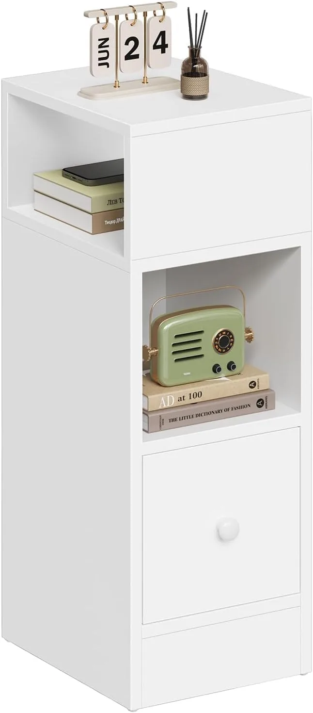 EUGAD ▫️ Mesa de cabeceira estreita branca com 2 compartimentos e 1 gaveta, 25x30x66 cm, mesa de apoio para quartos pequenos e salas de estar pequenas, madeira moderna, 0179ZZ
