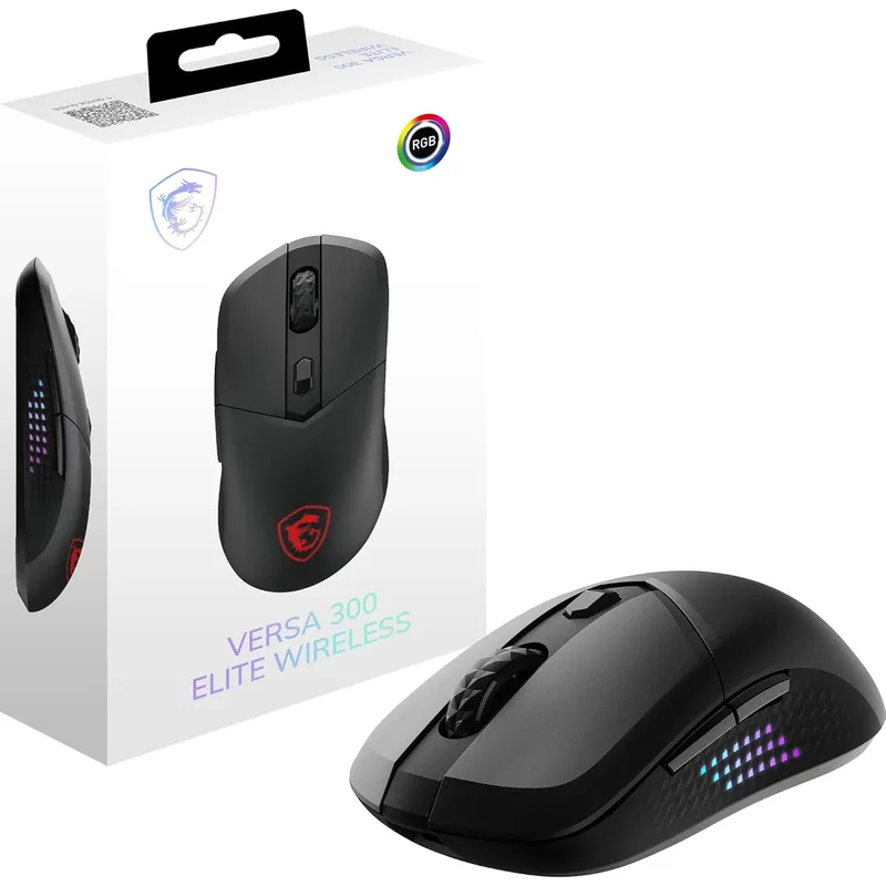 MSI ▫️ Versa 300 Elite Wireless Gaming Mouse - Sensor ótico de 26000 DPI, taxa de amostragem de 1000 Hz, design simétrico, 6 botões, bateria com duração de 200 horas, latência de 1 ms, RGB, 65 g com ou sem fio, sem fio com fio