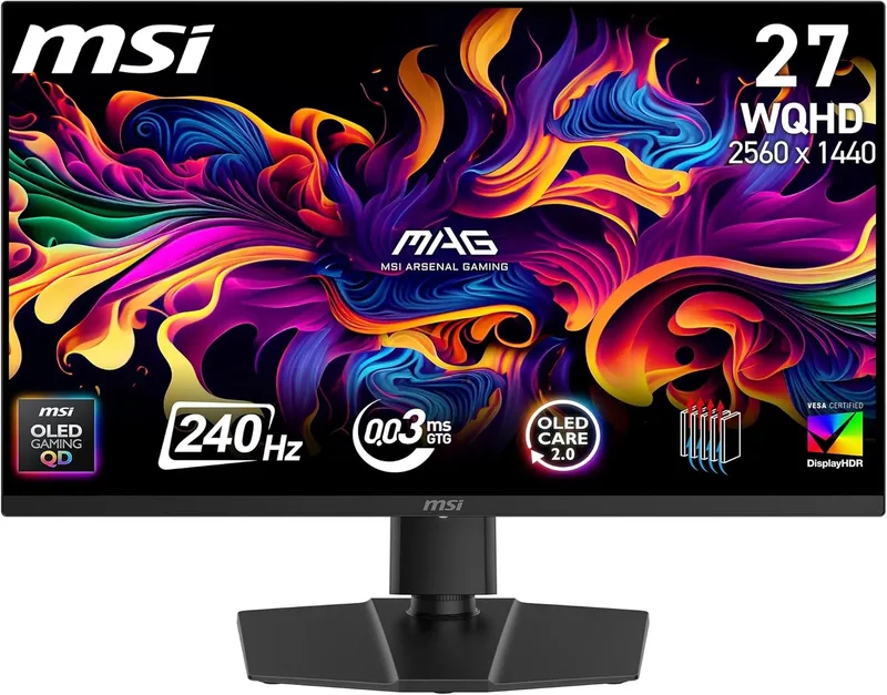 MSI ▫️ mag 273QP QD-OLED X24 - Monitor plano WQHD para jogos de 26,5" - Painel OLED Quantum Dot 2560 x 1440 240Hz / 0,03ms, 99% DCI-P3, Delta E≤2, DisplayHDR True Black 400, DP 1.4a, HDMI 2.1