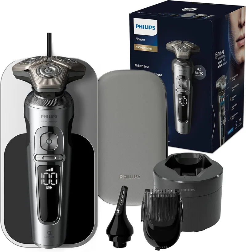 Philips ▫️ Máquina de barbear eléctrica para homem 9000 Series Prestige, 60 minutos de utilização a seco e a húmido, recarregável, recarregável, centro de limpeza, base de carregamento QI, ponteira, SP9885/35, cromada, máquina de barbear com barbeiro, 60 minutos de utilização