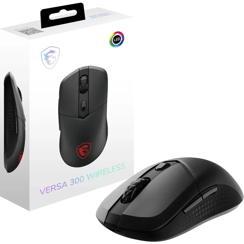 MSI ▫️ Versa 300 W - MOUSE PARA JOGOS SEM FIO - Sensor ótico de 8000 dpi, taxa de frequência de 1000 Hz, simétrico, 6 botões, bateria com autonomia de 50 horas, latência de 1ms, RGB, 60g - com/sem fios