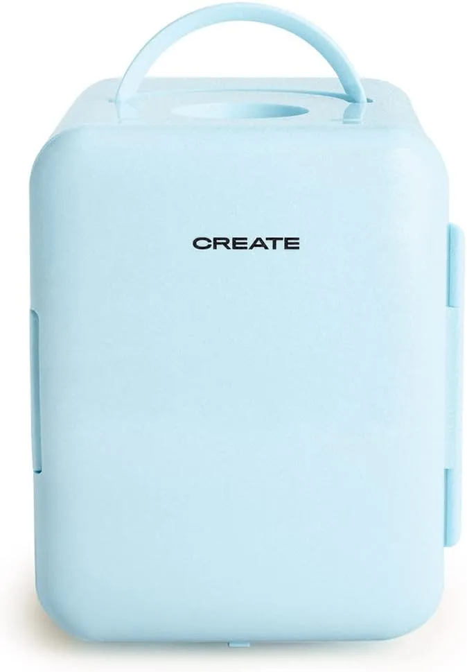 CREATE ▫️ / FRIDGE MINI BOX/Mini-frigorífico para cosméticos azul pastel/Design retro, função de refrigeração e aquecimento, capacidade de 4 L, fácil de transportar, 48 W