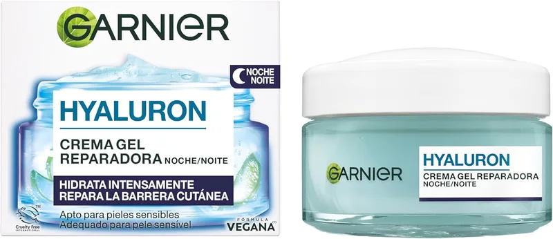 Garnier ▫️ Hyaluron Gelatina Creme de Noite Reparador da Barreira Cutânea com 7% [Glicerina + Ácido Hialurónico + Óleo de Argão + Aloé Vera]. Hidrata intensamente. Adequado para peles sensíveis 50ML