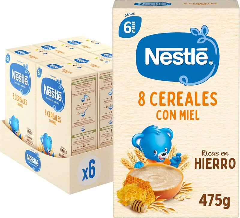 Nestle ▫️ Nestlé Papinha de 8 Cereais com Mel +6 meses, Embalagem de 6 x 475 g