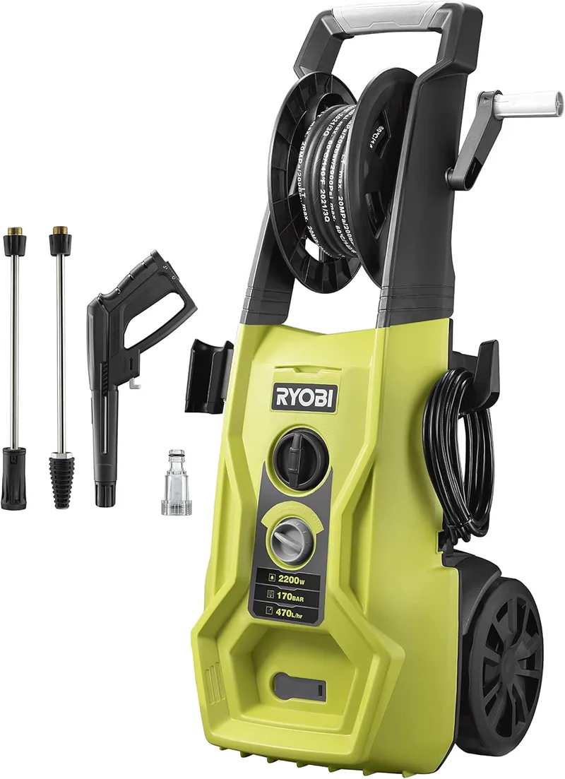 Ryobi ▫️ RY140PWA - Lavadora de alta pressão elétrica (1800 W, pressão de 140 bar, caudal de 420 l/h, depósito de detergente de 0,9 L, mangueira reforçada de aço de 6 m, enrolador de mangueira,