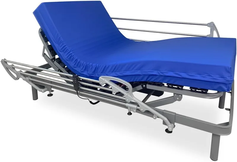 DUÉRMETE ONLINE ▫️ Conjunto de cama elétrica articulada reforçada Ergomedic Pro + colchão terapêutico Sanipur + grades em aço inoxidável, 90x190