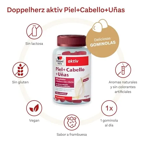 Doppelherz ▫️ Pele + Cabelo + Unhas - Gomas com vitaminas A, C, E e B6 - 500 μg de biotina, zinco e selénio - 60 gomas macias veganas - Sabor a framboesa - 3