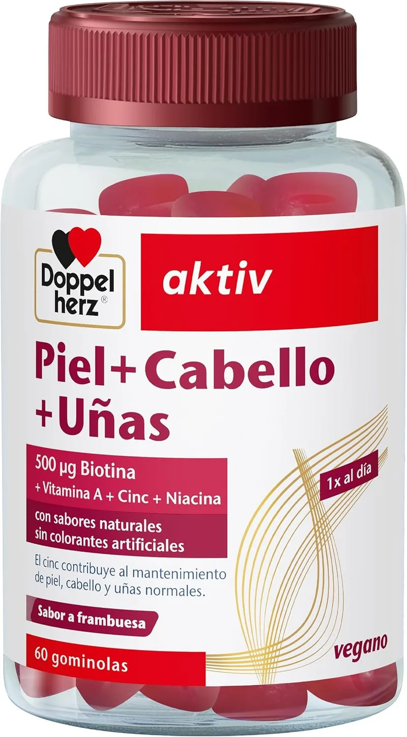 Doppelherz ▫️ Pele + Cabelo + Unhas - Gomas com vitaminas A, C, E e B6 - 500 μg de biotina, zinco e selénio - 60 gomas macias veganas - Sabor a framboesa -