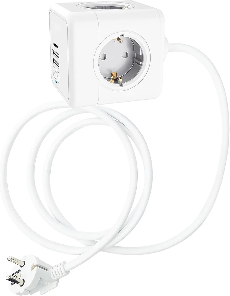 Technaxx ▫️ Power Cube USB TX-195 – Multiprise em formato de cubo com 4 tomadas de 230 V, 2 portas USB-A e 1 porta USB-C – Multiprise compacta com proteção infantil, suporte Twist-Lock e autocolante, ideal para casa e escritório
