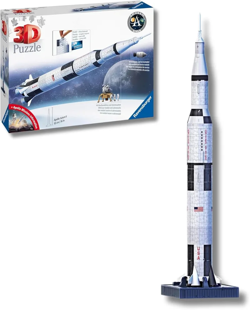 Ravensburger - Puzzle 3D para adultos NASA: Apollo Saturn V | Puzzles 3D para adultos | Modelos montados com 504 peças