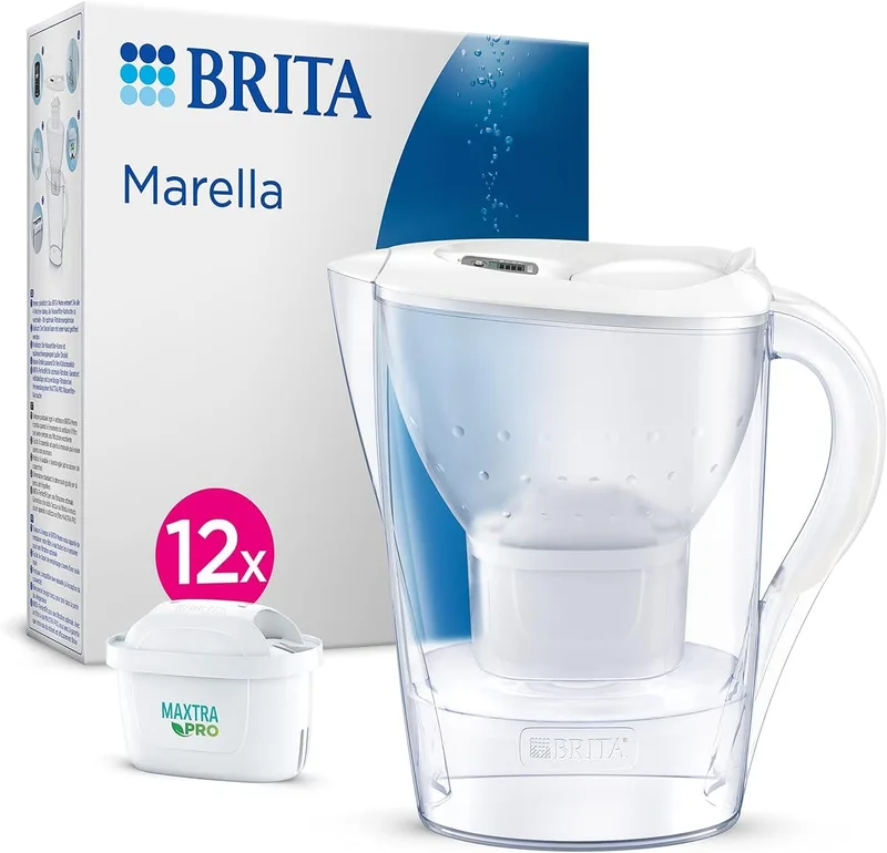 BRITA ▫️ Jarro com filtro de água Marella Branco (2,4 l) incl. 12x MAXTRA PRO All-in-1 Cartridge - jarro de frigorífico com LTI digital e tampa flip-top reduz o cloro, o calcário e as impurezas.