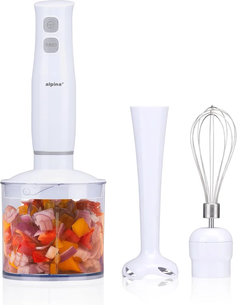 alpina ▫️ Batedeira de Mão com Acessórios - Minipimer Picador - Batedeira de Braço - Liquidificadora de Mão - Multifunções 400 W - Branco