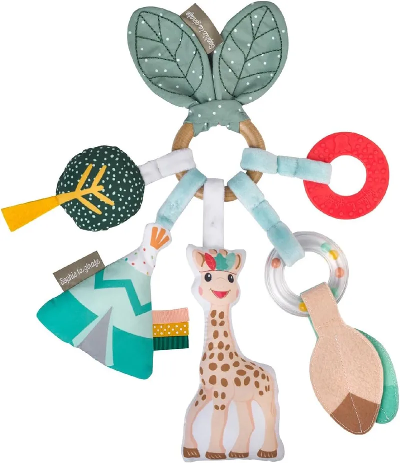 Sophie la girafe ▫️ Sophie, a girafa – Anel de atividades – A partir dos 3 meses – Chocalho, sininho, anel de dentição, papel crepitante | Atividades laváveis e desmontáveis | Suporte múltiplo | Presente para bebé