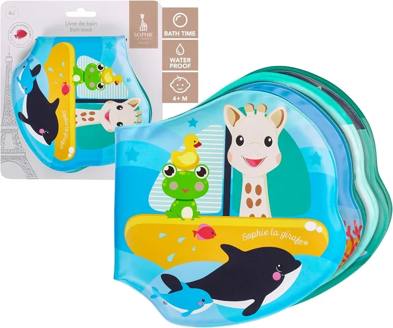 Sophie la girafe ▫️ Livro de banho com 8 páginas – Desde o nascimento – 3 universos aquáticos: oceano, banquisa, lago | Peixinho vermelho escondido | Material EVA lavável | Brinquedo educativo para o banho | Presente para bebé