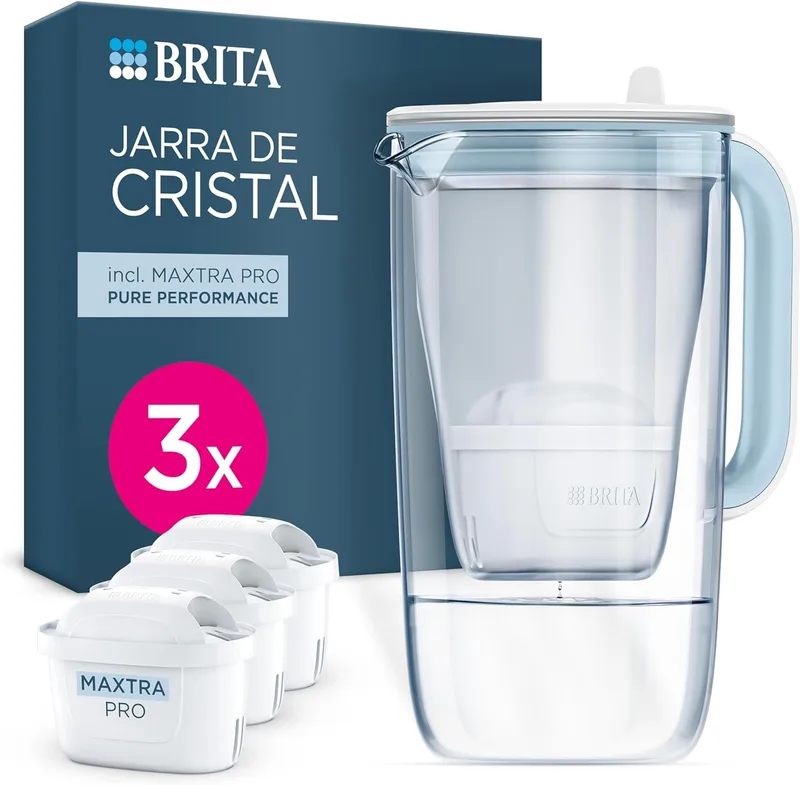 Brita ▫️ Jarro de vidro azul (2,5 L), incluindo 3 filtros MAXTRA PRO Pure Performance. Design premium com tampa basculante de fácil enchimento e indicador, que reduz o calcário, o cloro e as impurezas