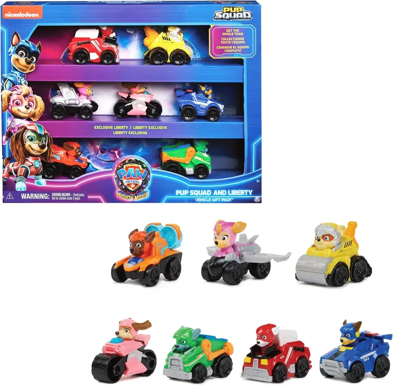 Paw Patrol ▫️ Conjunto de 7 figuras dos Pup Squad Racers do filme «A Superpelícula», com um carro de brincar inédito da Liberty - 6067861 - Brinquedos para crianças a partir dos 3 anos - Presente para crianças a partir dos 3 anos