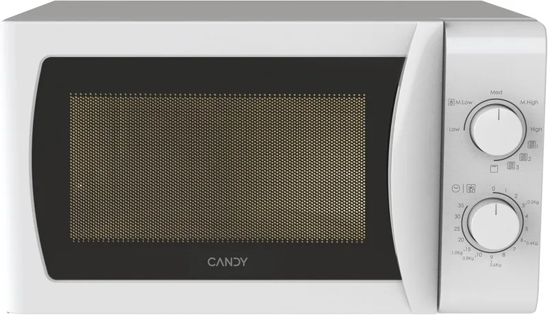 CANDY ▫️ Micro-ondas Idea CMG20SMW com grelhador, 20L, 700W-1050W, 5 níveis de potência, 4 programas automáticos, aviso acústico de fim de ciclo, prato de 25,5CM, grelha para grelhar, descongelação, abertura à esquerda, branco