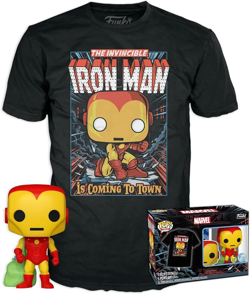 Funko ▫️ Pop! & tee: Marvel - Iron Man de Natal - Brilha no escuro - Tamanho M