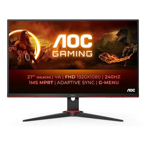 AOC ▫️ Gaming 27G2ZNE - Monitor Full HD de 27 polegadas, 240 Hz, MPRT de 1 ms, FreeSync Premium. 1920x1080, HDMI 1.4, DisplayPort 1.2 preto/vermelho, 27 polegadas FHD, suporte fixo 2