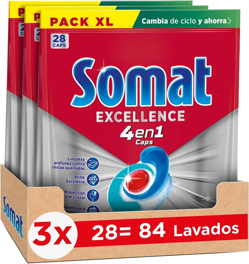 Somat ▫️ Excellence 4 em 1 Pastilhas (3 x 28 pastilhas), detergente para máquina de lavar louça que elimina resíduos queimados, pastilhas para máquina de lavar louça com excelente brilho, sabão para louça