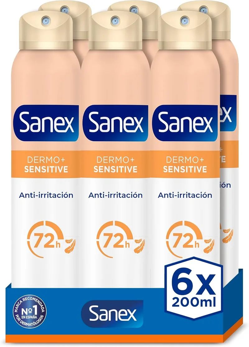 Sanex ▫️ Dermo+Sensitive Antitranspirante Desodorizante em Spray 72 Horas, Embalagem de 6 x 200 ml – Proteção eficaz contra o suor e o mau cheiro – Testado dermatologicamente – 0% de álcool* – Suave para a pele sensível