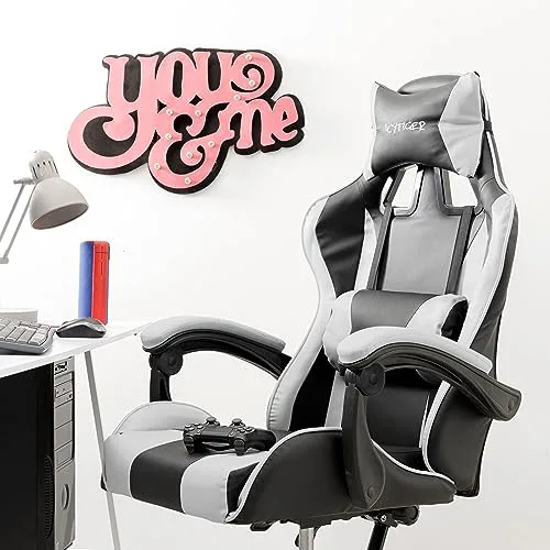 Baroni Home ▫️ Cadeira de gaming branca e preta, cadeira ergonómica de escritório com encosto ajustável de 90° a 120°, com apoio para a cabeça, braços e apoio lombar. Rotação de 360° 2