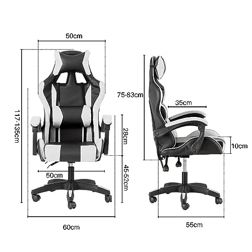 Baroni Home ▫️ Cadeira de gaming branca e preta, cadeira ergonómica de escritório com encosto ajustável de 90° a 120°, com apoio para a cabeça, braços e apoio lombar. Rotação de 360° 3