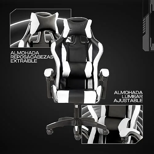 Baroni Home ▫️ Cadeira de gaming branca e preta, cadeira ergonómica de escritório com encosto ajustável de 90° a 120°, com apoio para a cabeça, braços e apoio lombar. Rotação de 360° 4