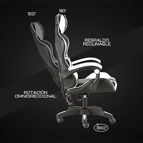 Baroni Home ▫️ Cadeira de gaming branca e preta, cadeira ergonómica de escritório com encosto ajustável de 90° a 120°, com apoio para a cabeça, braços e apoio lombar. Rotação de 360° 5