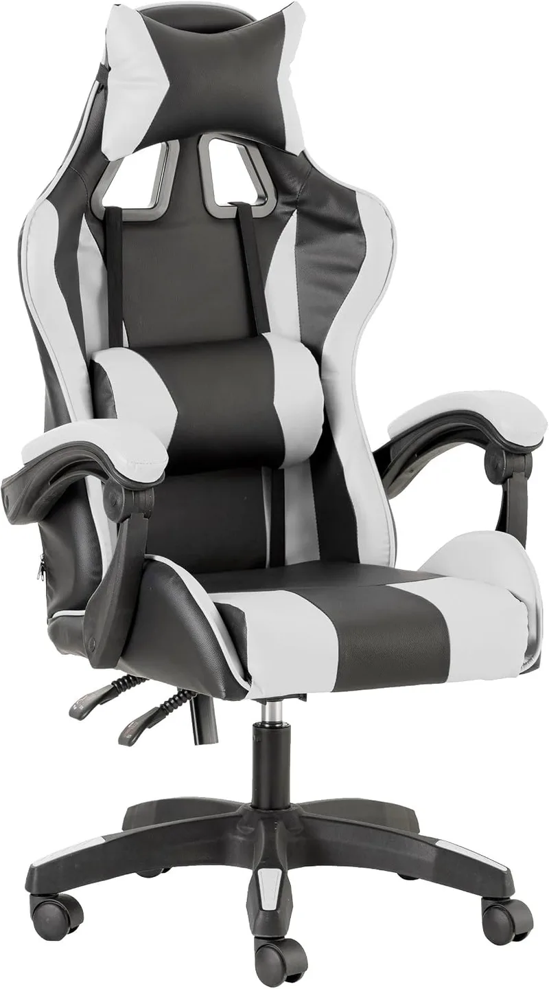 Baroni Home ▫️ Cadeira de gaming branca e preta, cadeira ergonómica de escritório com encosto ajustável de 90° a 120°, com apoio para a cabeça, braços e apoio lombar. Rotação de 360°