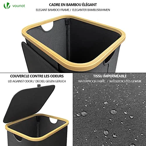 VOUNOT ▫️ ® Cesto para roupa suja de 100 L com rodas, cesto para a roupa suja, balde para roupa suja com tampa e pegas de bambu, cesto para roupa dobrável com saco interior removível, cinzento 2