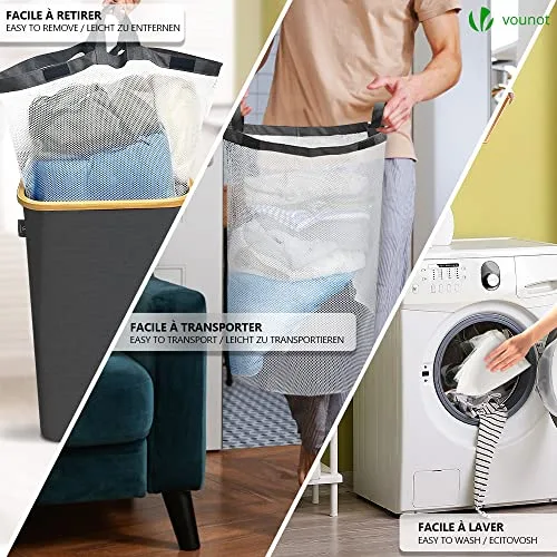 VOUNOT ▫️ ® Cesto para roupa suja de 100 L com rodas, cesto para a roupa suja, balde para roupa suja com tampa e pegas de bambu, cesto para roupa dobrável com saco interior removível, cinzento 3