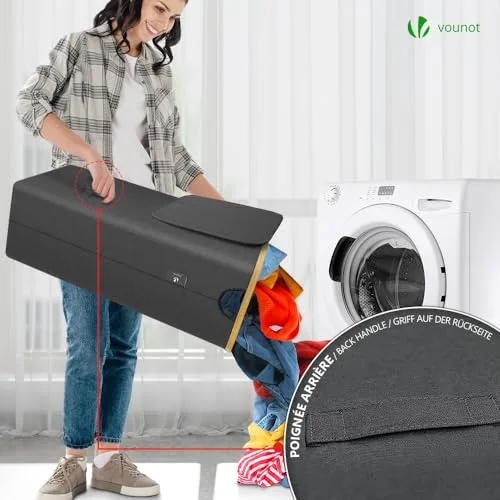 VOUNOT ▫️ ® Cesto para roupa suja de 100 L com rodas, cesto para a roupa suja, balde para roupa suja com tampa e pegas de bambu, cesto para roupa dobrável com saco interior removível, cinzento 4